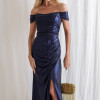 VESTIDO CRETA ACETINADO DRAPEADO - AZUL MARINHO