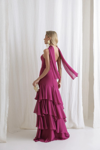 VESTIDO MEDELLÍN BABADOS CHOKER - FÚCSIA