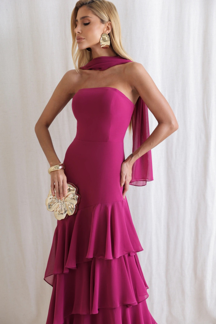 VESTIDO MEDELLÍN BABADOS CHOKER - FÚCSIA