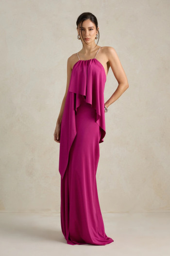 VESTIDO RENATA ALÇAS STRASS BABADOS - FÚCSIA 