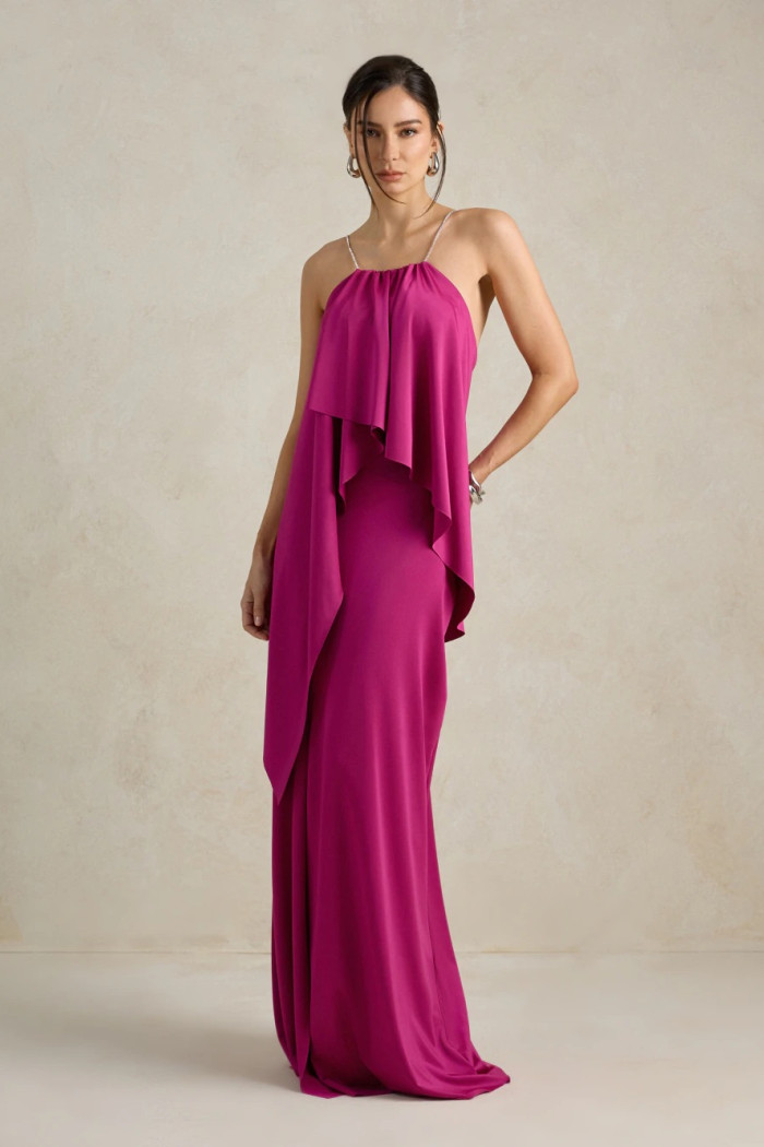 VESTIDO RENATA ALÇAS STRASS BABADOS - FÚCSIA 