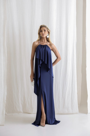 VESTIDO RENATA ALÇAS STRASS BABADOS - AZUL MARINHO