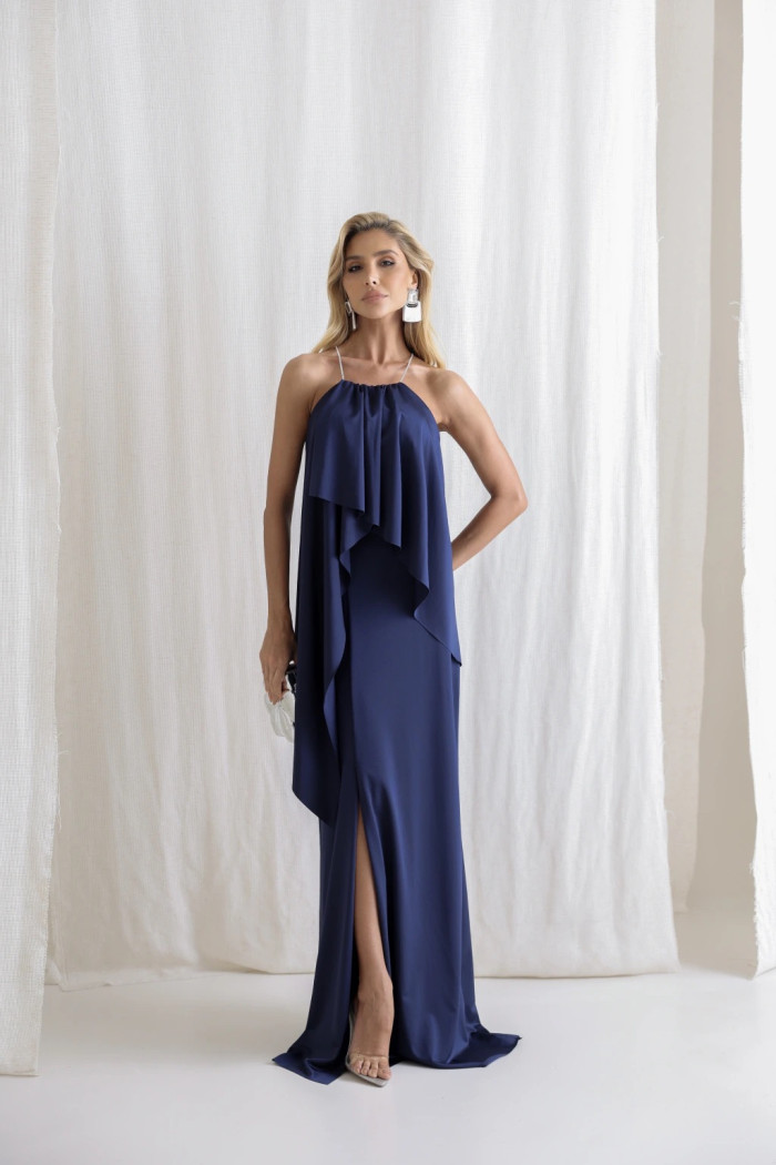 VESTIDO RENATA ALÇAS STRASS BABADOS - AZUL MARINHO