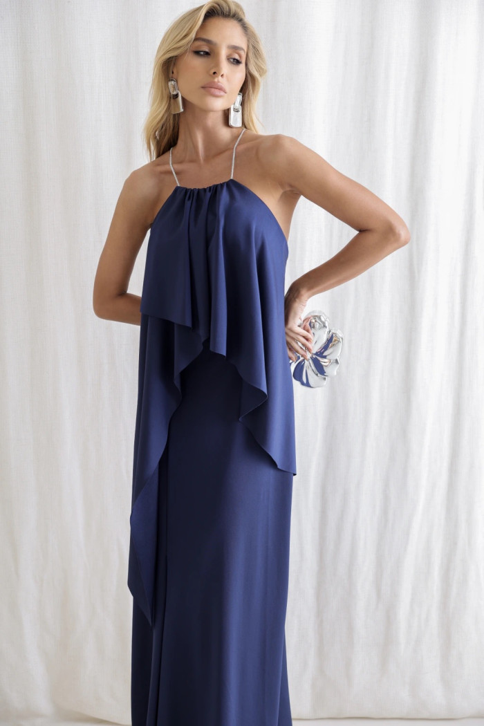 VESTIDO RENATA ALÇAS STRASS BABADOS - AZUL MARINHO
