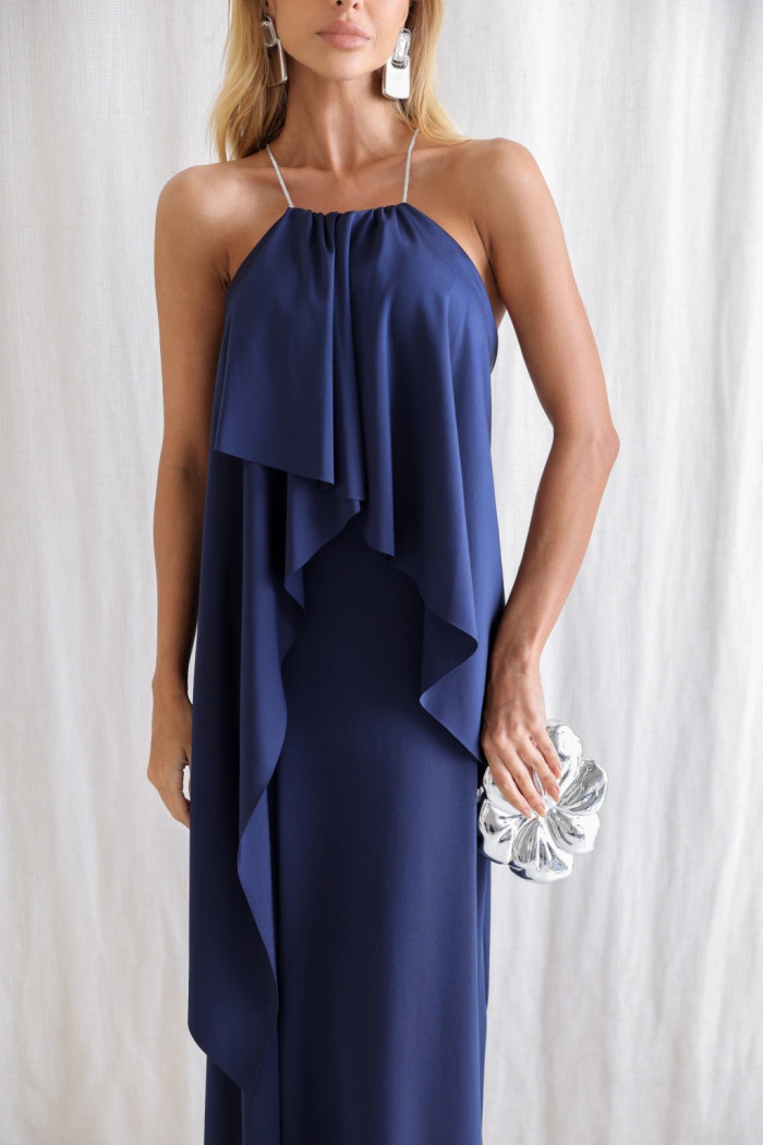 VESTIDO RENATA ALÇAS STRASS BABADOS - AZUL MARINHO