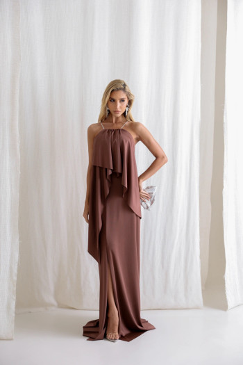 VESTIDO RENATA ALÇAS STRASS BABADOS - MARROM