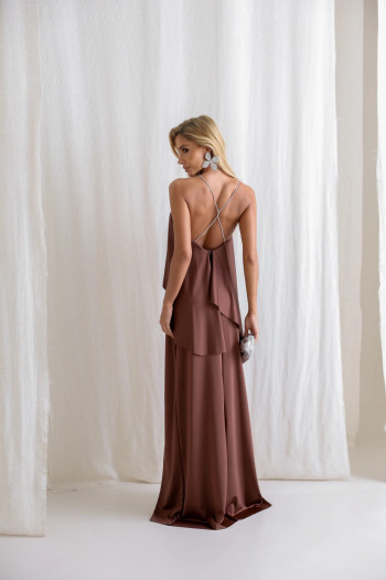 VESTIDO RENATA ALÇAS STRASS BABADOS - MARROM