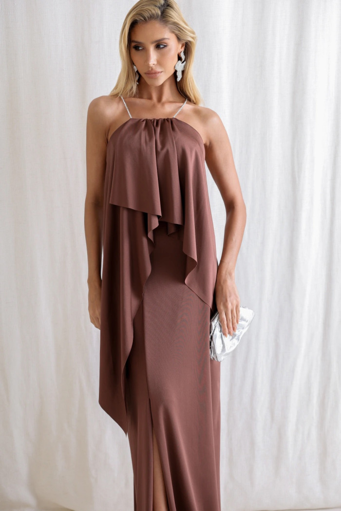 VESTIDO RENATA ALÇAS STRASS BABADOS - MARROM