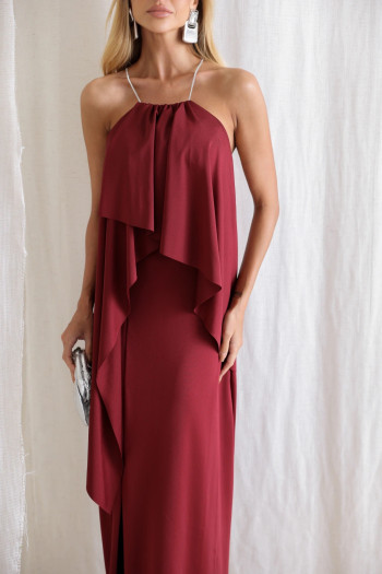 VESTIDO RENATA ALÇAS STRASS BABADOS - VINHO