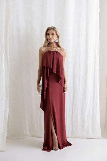 VESTIDO RENATA ALÇAS STRASS BABADOS - VINHO