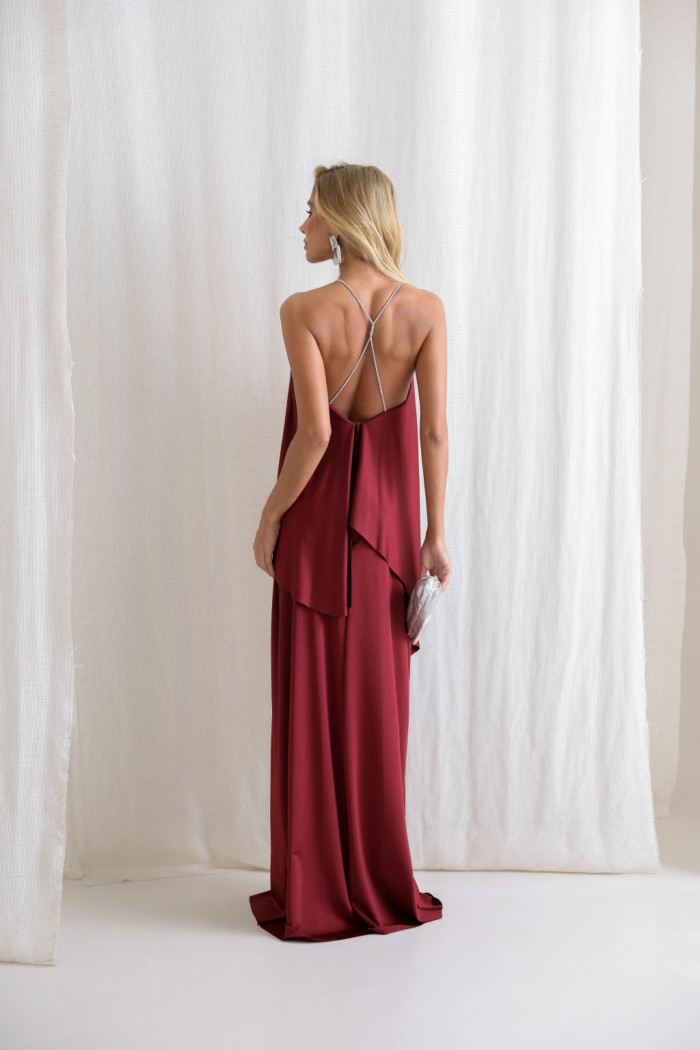 VESTIDO RENATA ALÇAS STRASS BABADOS - VINHO
