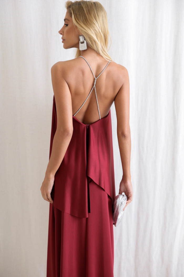 VESTIDO RENATA ALÇAS STRASS BABADOS - VINHO
