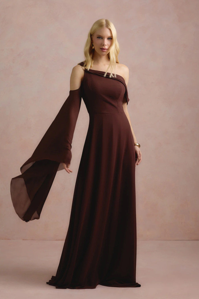 VESTIDO DE FESTA ABU DAHBI OMBRO FIVELA - MARROM