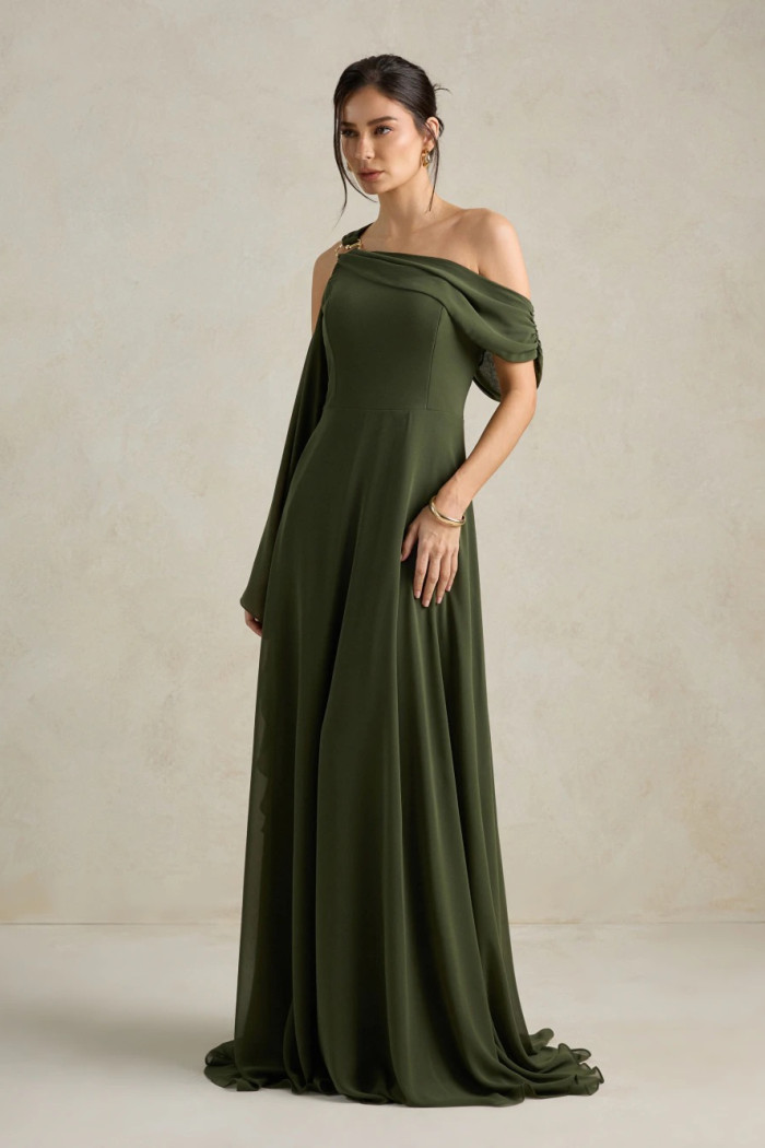 VESTIDO DE FESTA ABU DAHBI OMBRO FIVELA - VERDE OLIVA