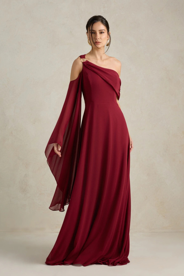 VESTIDO DE FESTA ABU DAHBI OMBRO FIVELA - VINHO
