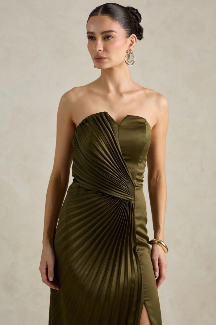 VESTIDO DE FESTA BARCELONA T.Q.C PLISSADO - VERDE OLIVA