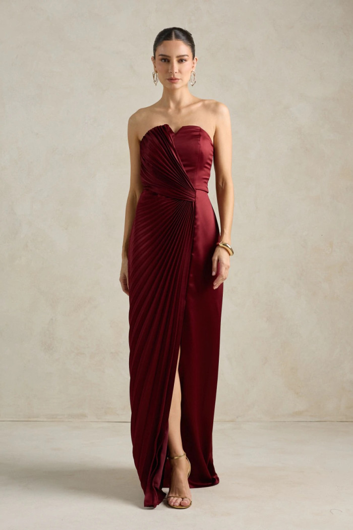 VESTIDO DE FESTA BARCELONA T.Q.C PLISSADO - VINHO