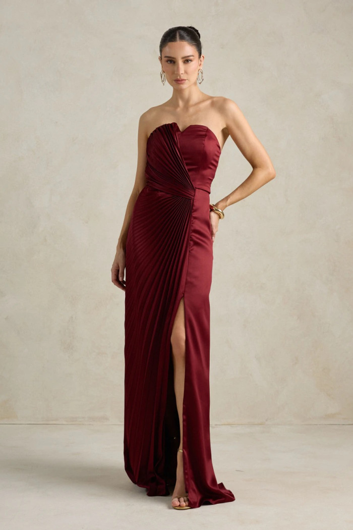 VESTIDO DE FESTA BARCELONA T.Q.C PLISSADO - VINHO