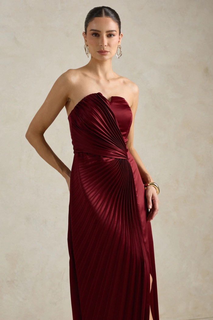 VESTIDO DE FESTA BARCELONA T.Q.C PLISSADO - VINHO
