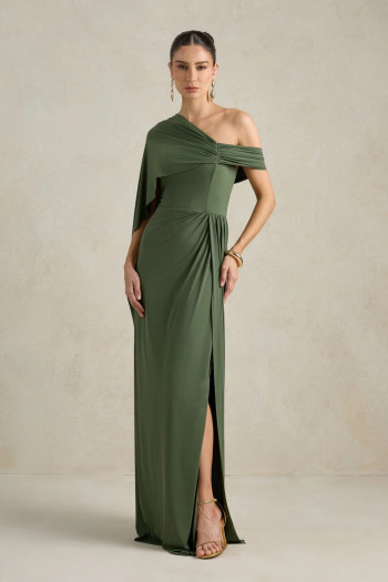 VESTIDO DE FESTA BEATRICE JERSEY UM OMBRO CAPA - VERDE OLIVA