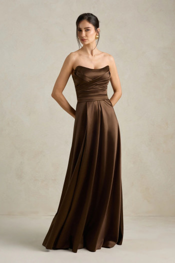 VESTIDO DE FESTA BRENDA T.Q.C LONGO FENDA - MARROM