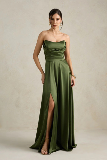 VESTIDO DE FESTA BRENDA T.Q.C LONGO FENDA - VERDE OLIVA