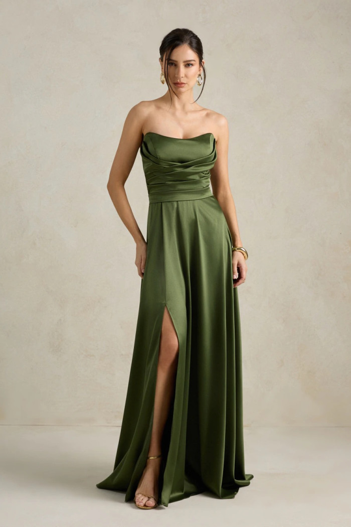 VESTIDO DE FESTA BRENDA T.Q.C LONGO FENDA - VERDE OLIVA