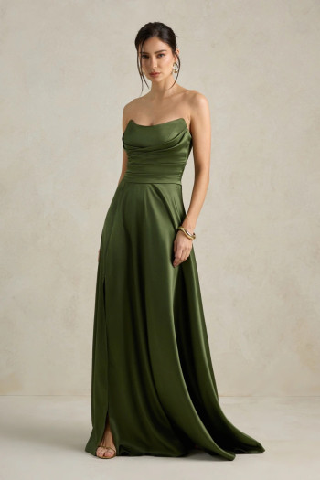 VESTIDO DE FESTA BRENDA T.Q.C LONGO FENDA - VERDE OLIVA