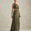 VESTIDO DE FESTA CAPRI UM OMBRO RECORTES - VERDE OLIVA