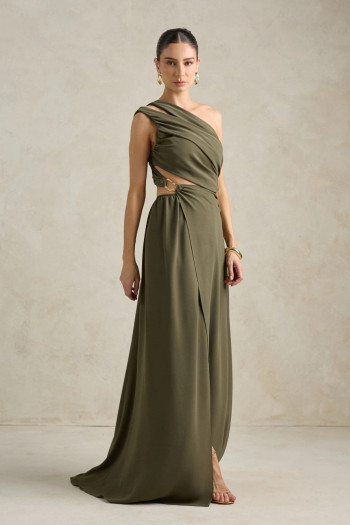 VESTIDO DE FESTA CAPRI UM OMBRO RECORTES - VERDE OLIVA