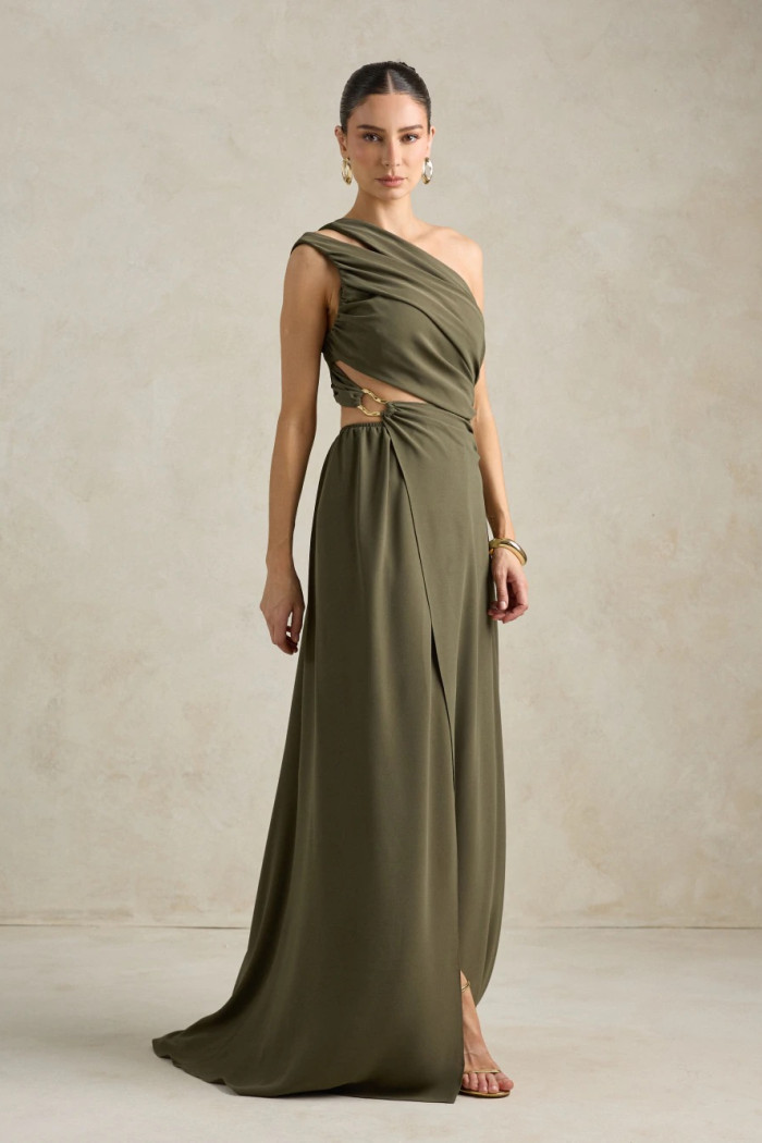 VESTIDO DE FESTA CAPRI UM OMBRO RECORTES - VERDE OLIVA