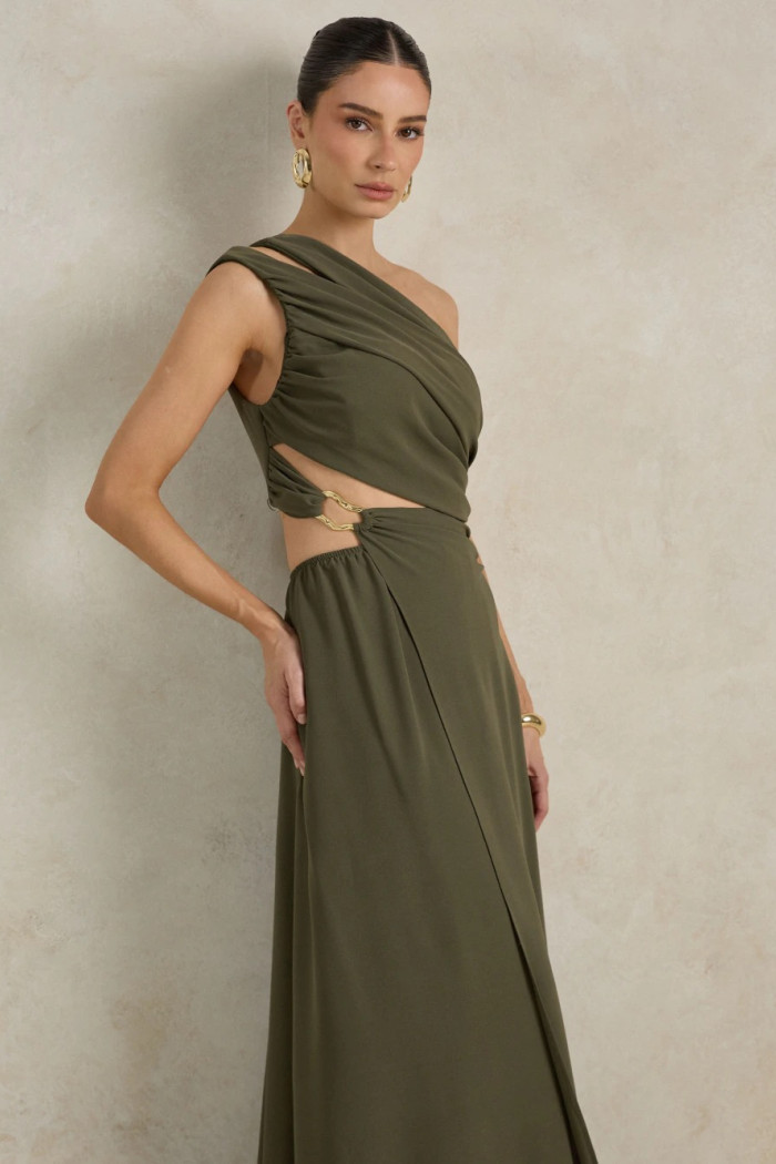 VESTIDO DE FESTA CAPRI UM OMBRO RECORTES - VERDE OLIVA