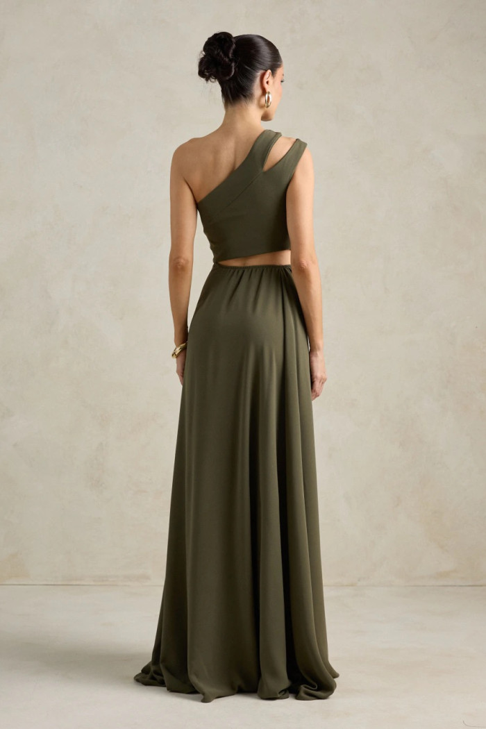 VESTIDO DE FESTA CAPRI UM OMBRO RECORTES - VERDE OLIVA