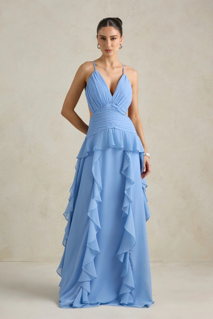 VESTIDO DÉBORA CUT OUT BABADOS - AZUL SERENITY