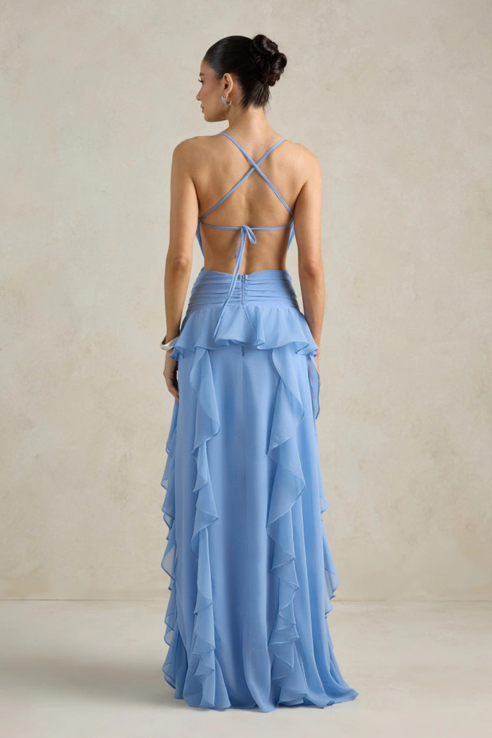 VESTIDO DÉBORA CUT OUT BABADOS - AZUL SERENITY