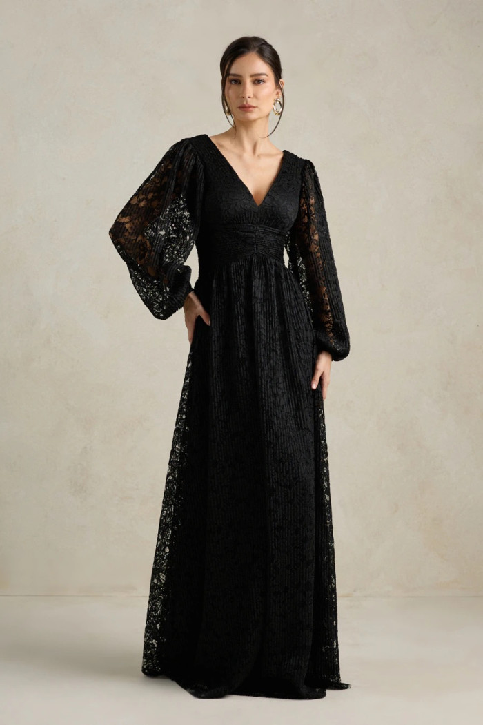 VESTIDO DE FESTA HELOISE RENDA MANGA LONGA - PRETO