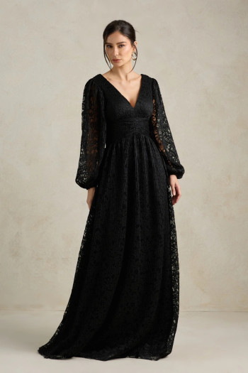 VESTIDO DE FESTA HELOISE RENDA MANGA LONGA - PRETO