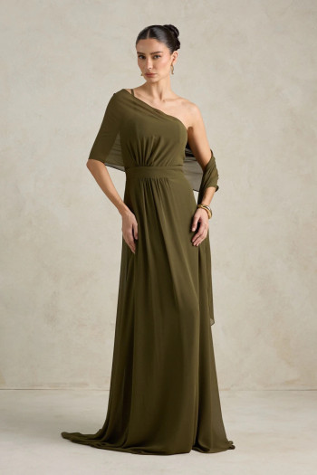 VESTIDO DE FESTA JULIE UM OMBRO CAPA - VERDE OLIVA