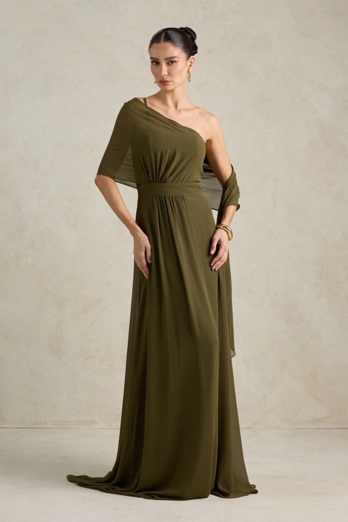 VESTIDO DE FESTA JULIE UM OMBRO CAPA - VERDE OLIVA