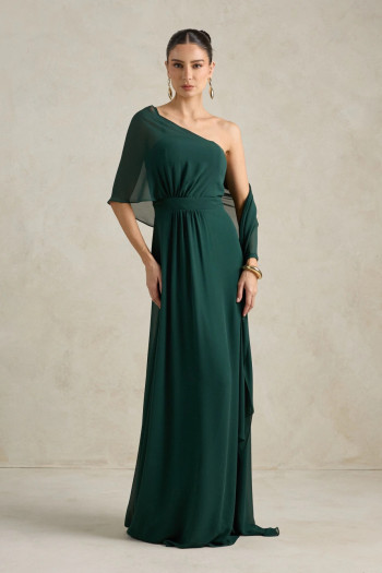 VESTIDO DE FESTA JULIE UM OMBRO CAPA - VERDE PETRÓLEO