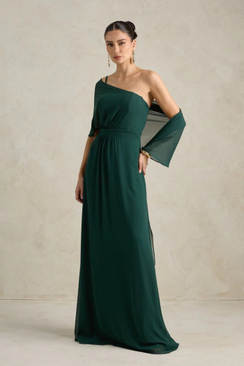 VESTIDO DE FESTA JULIE UM OMBRO CAPA - VERDE PETRÓLEO
