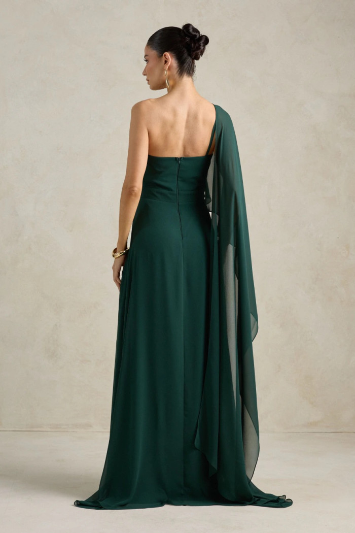 VESTIDO DE FESTA JULIE UM OMBRO CAPA - VERDE PETRÓLEO