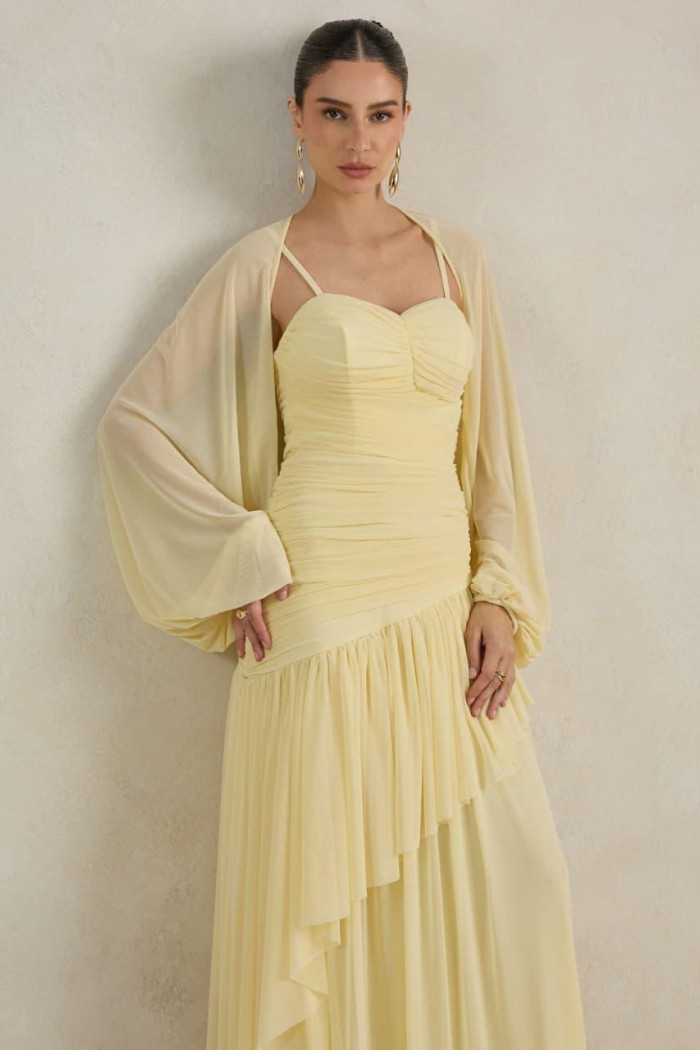 VESTIDO DE FESTA MANCHESTER T.Q.C COM MANGA AVULSA - AMARELO MANTEIGA