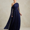VESTIDO MARILYN RENDA UM OMBRO COM CAPA - AZUL MARINHO