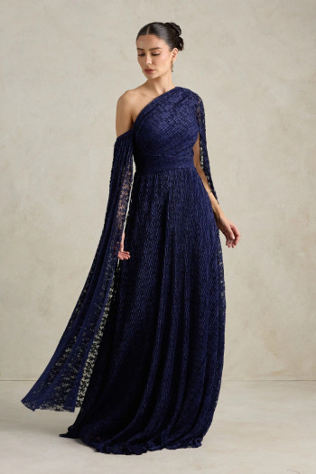 VESTIDO MARILYN RENDA UM OMBRO COM CAPA - AZUL MARINHO