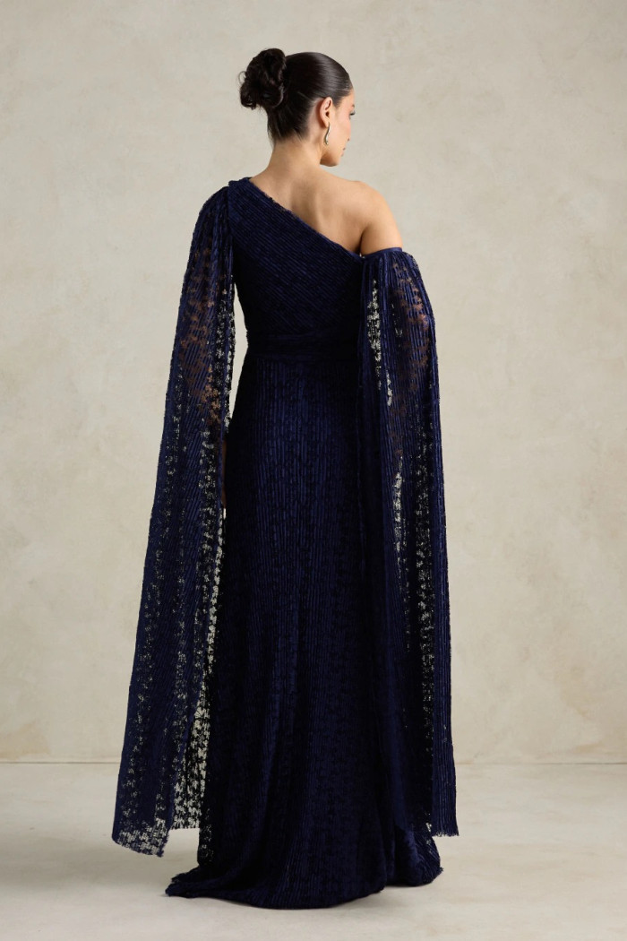 VESTIDO MARILYN RENDA UM OMBRO COM CAPA - AZUL MARINHO