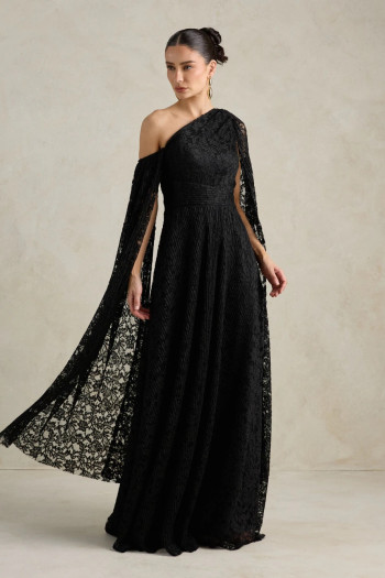 VESTIDO MARILYN RENDA UM OMBRO COM CAPA - PRETO