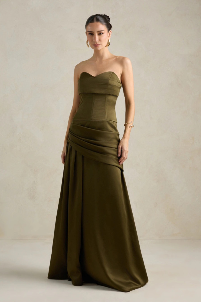 VESTIDO DE FESTA NICOLE DECOTE CORAÇÃO - VERDE OLIVA