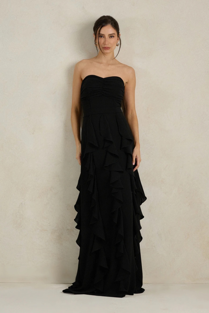 VESTIDO DE FESTA SIDNEY SAIA BABADO - PRETO