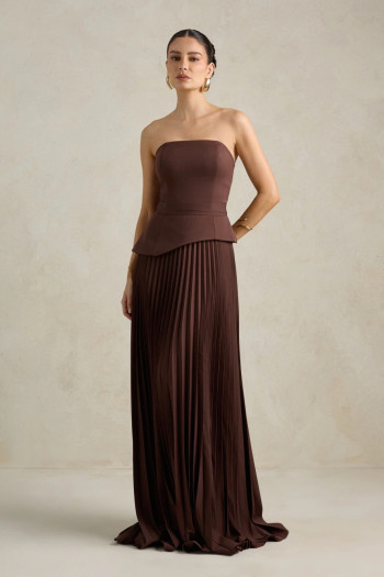 VESTIDO DE FESTA MAITÊ SAIA PLISSADA CHOKER - MARROM